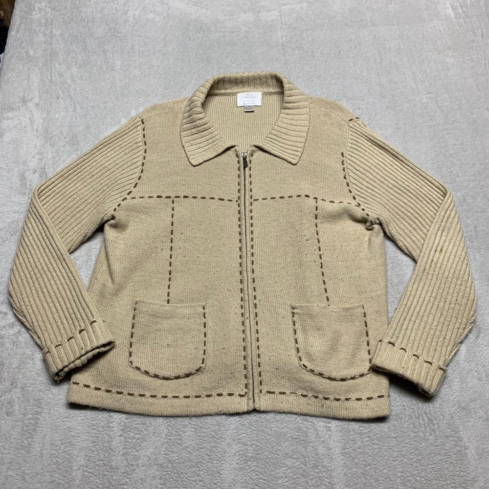 Christopher & Banks Sweater Womens‎ XL Beige Full Zip Cardigan Hand Embroidered